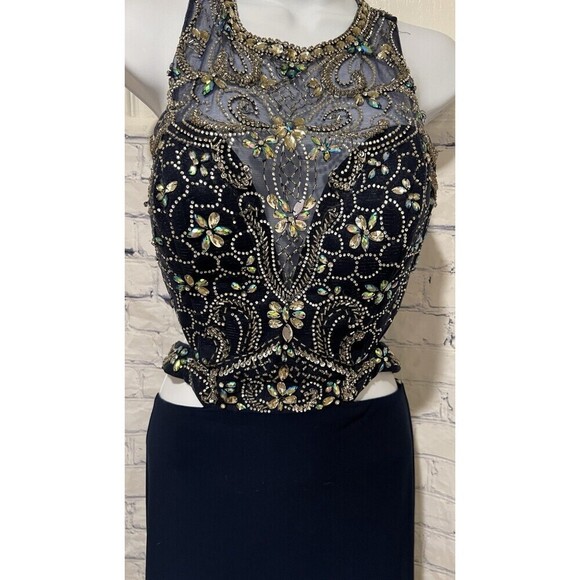 Camille La Vie navy beaded bodice halter neck formal gown prom dress size 6 - Picture 4 of 9